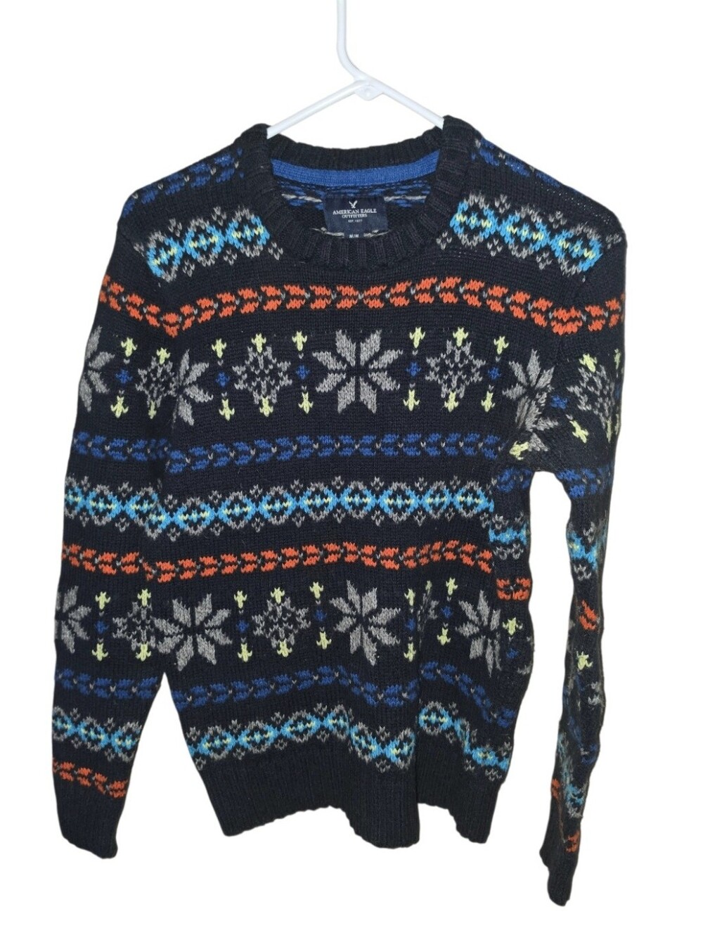 6/11/107 Mens American Eagle Navy Fair Isle Crewneck Sweater
